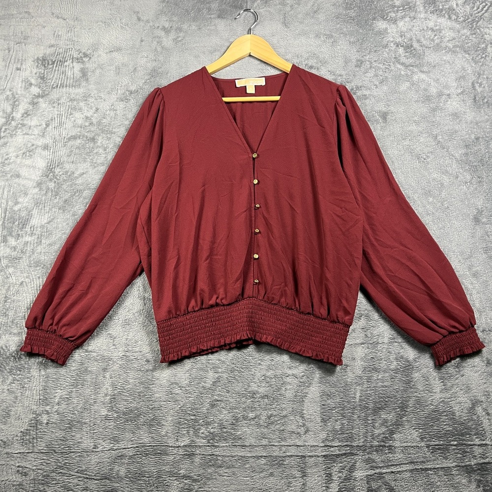 Michael Michael Kors Blouse Womens XL Burgundy V Neck Smocked Hem Button Front